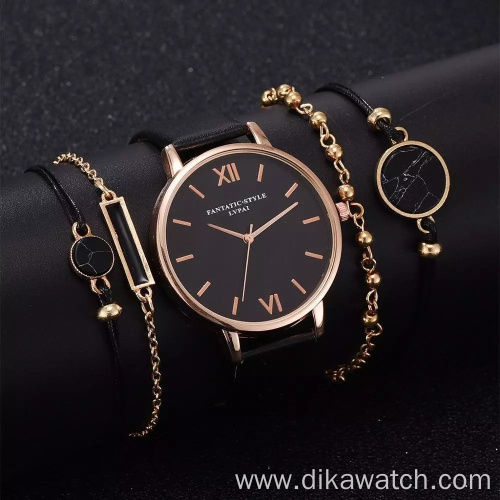 5pcs Set Top Style Fashion Women's Luxury Leather Band Analog Quartz WristWatch Ladies Watch Women Dress Reloj Mujer Black Clock